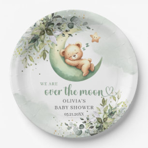 Watercolor greenery teddy bear over the moon paper plate