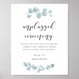 Watercolor greenery Unplugged wedding ceremony Poster