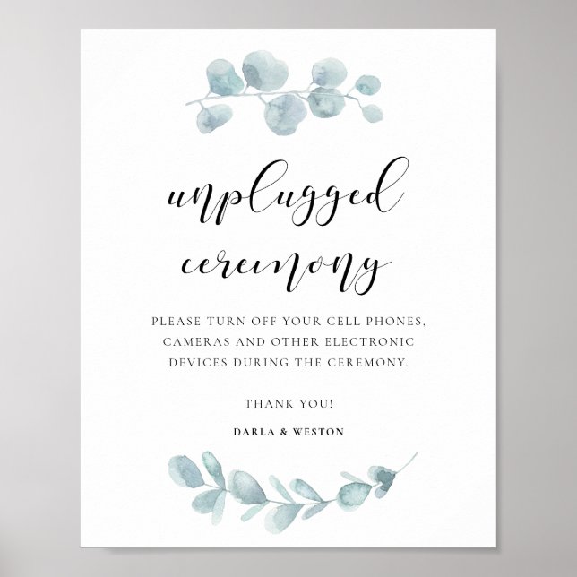 Watercolor greenery Unplugged wedding ceremony Poster (Front)