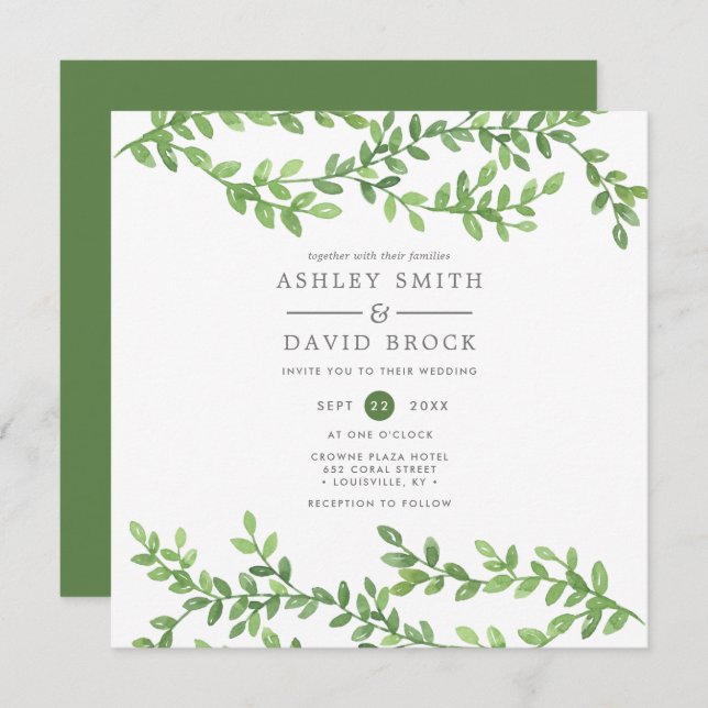 Watercolor Greenery Vines Modern Wedding Invitation (Front/Back)