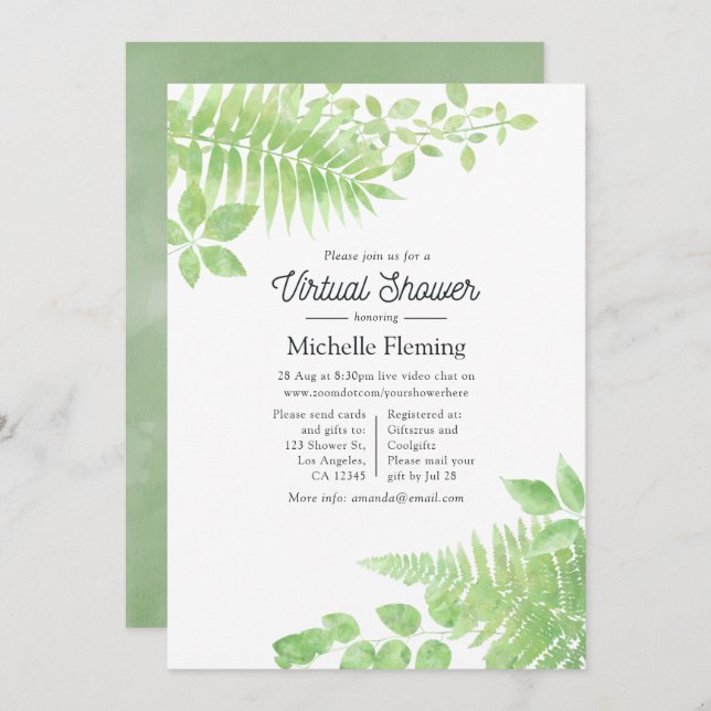 Watercolor Greenery Virtual Baby Shower Invitation (Front/Back)