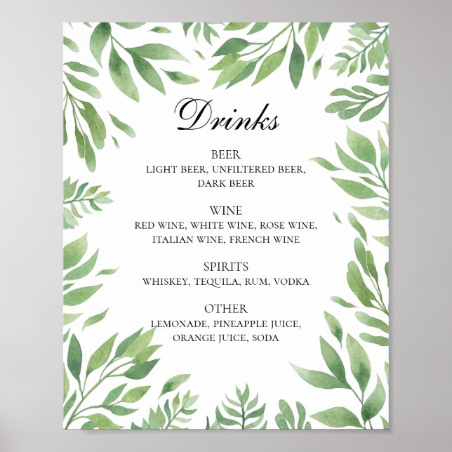 Watercolor greenery wedding alcohol drinks bar poster (Front)