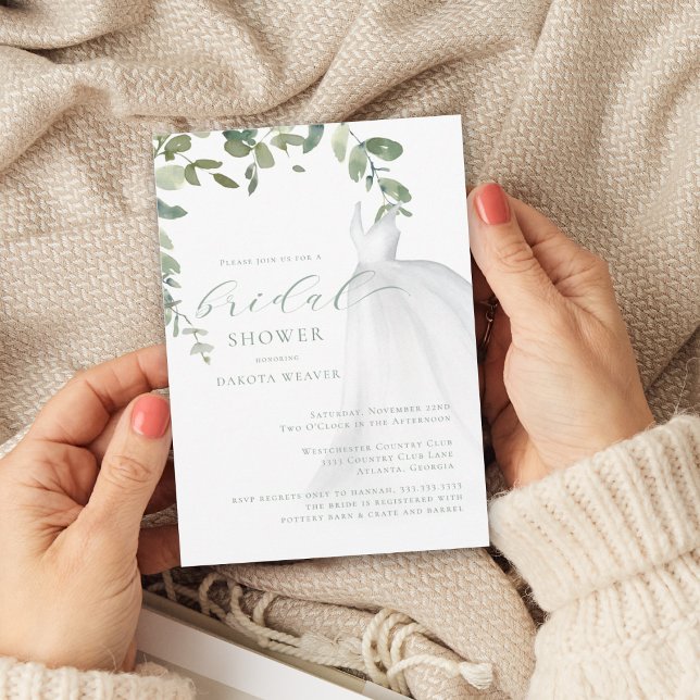 Watercolor Greenery Wedding Dress Bridal Shower Invitation (Creator Uploaded)