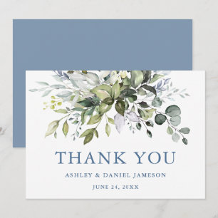 Watercolor Greenery Wedding Dusty Blue Thank You Card