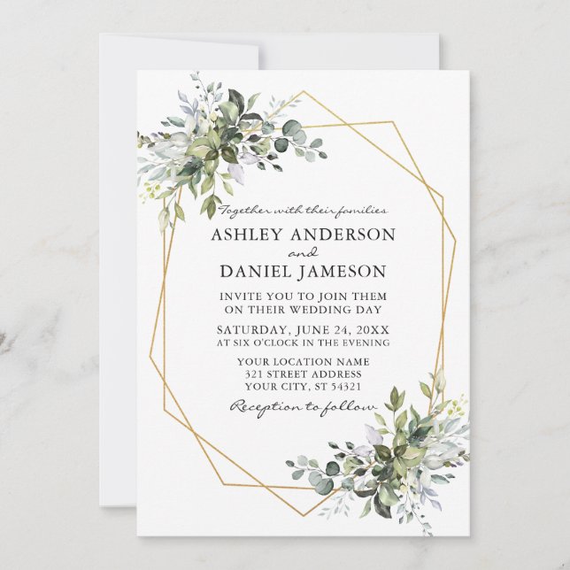 Watercolor Greenery Wedding Geometric Frame Invitation (Front)
