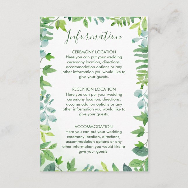 Watercolor Greenery Wedding Information Cards (Front)