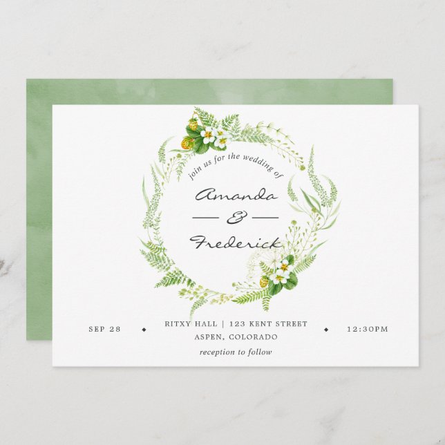 Watercolor Greenery Wedding Invitation (Front/Back)