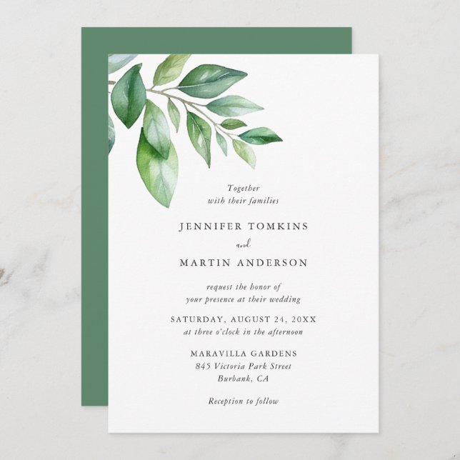 Watercolor Greenery Wedding Invitation (Front/Back)