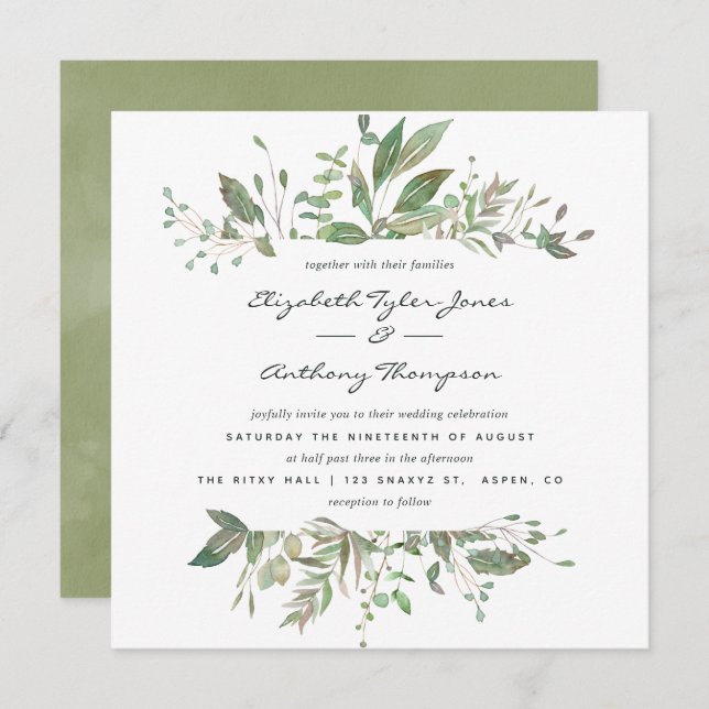 Watercolor Greenery Wedding Invitation (Front/Back)