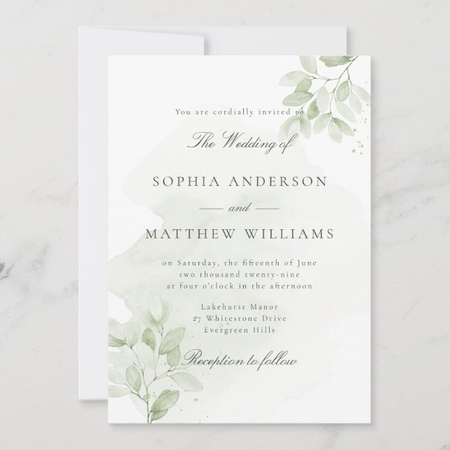 Watercolor Greenery Wedding Invitation (Front)