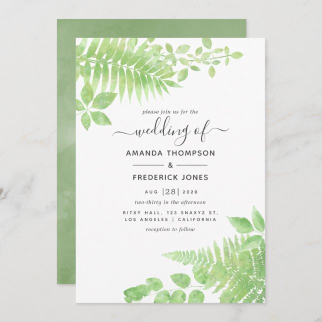 Watercolor Greenery Wedding Invitation (Front/Back)