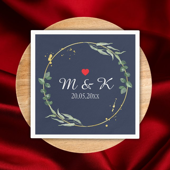 Watercolor Greenery Wedding  Napkin (Watercolor Greenery Wedding Napkins with Navy Blue Background)