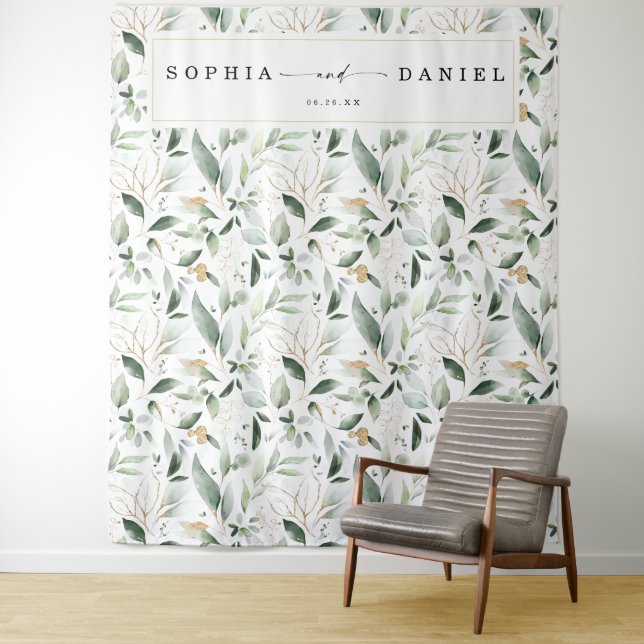 Watercolor Greenery Wedding Photo Prop Backdrop Tapestry (In Situ)