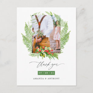 Watercolor Greenery Wedding Photo Thank You Postcard