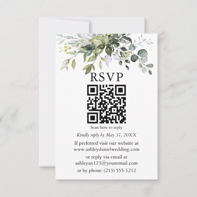 Watercolor Greenery Wedding QR RSVP Card (Front)
