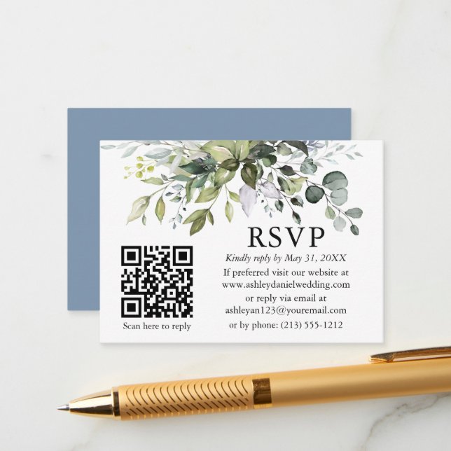 Watercolor Greenery Wedding QR RSVP Dusty Blue Enclosure Card (Front/Back In Situ)