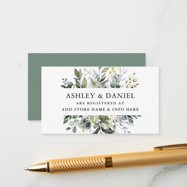 Watercolor Greenery Wedding Registry Sage Green  Enclosure Card (Front/Back In Situ)