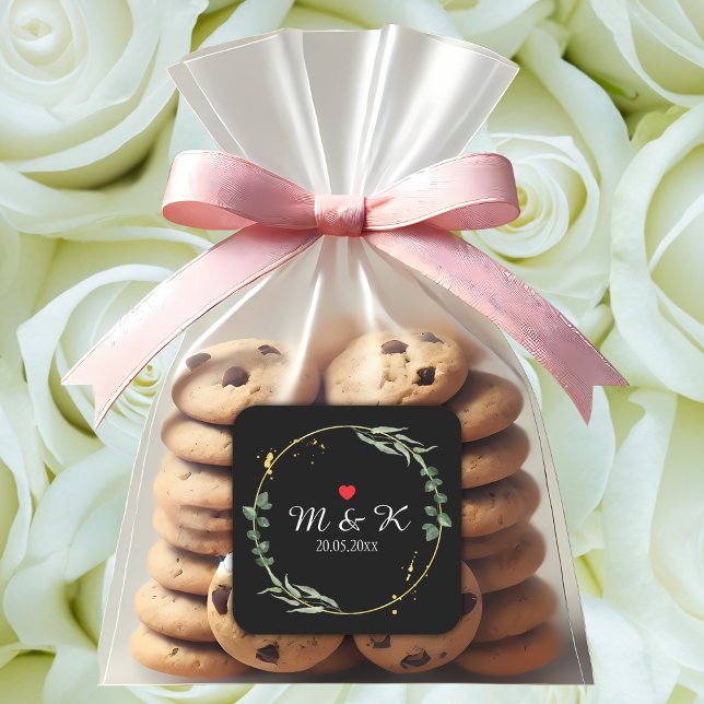 Watercolor Greenery Wedding  Square Sticker (Watercolor Greenery Wedding Square Sticker in black)