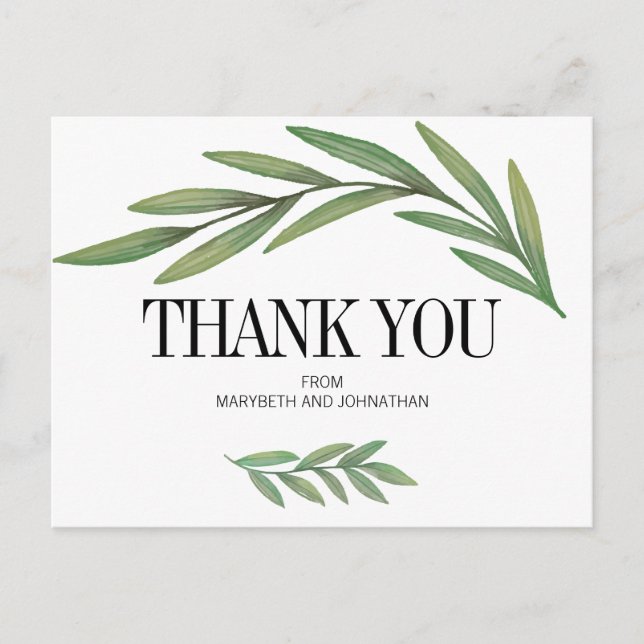 Watercolor Greenery Wedding Thank You Postcard (Front)