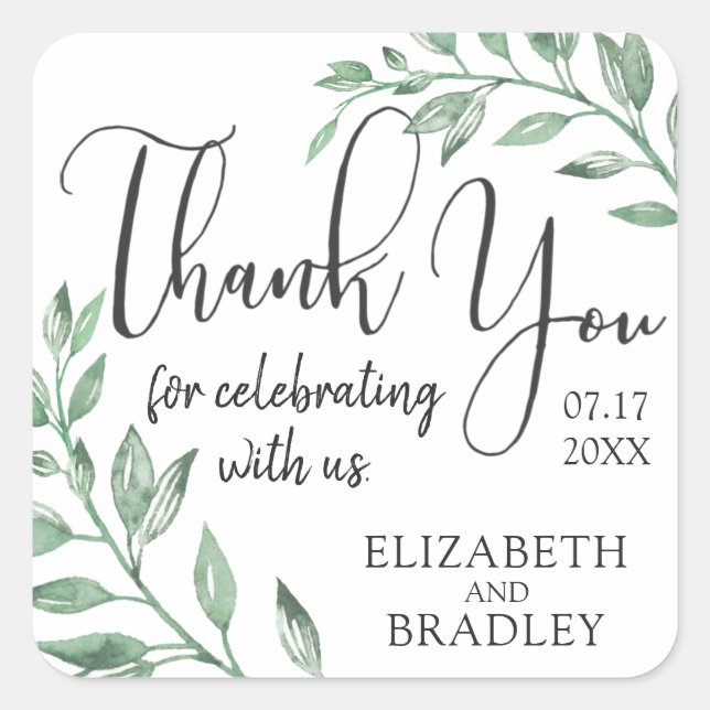 Watercolor Greenery Wedding Thank You Square Sticker (Front)
