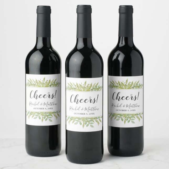 Watercolor Greenery Wedding Wine Label (Bottles)