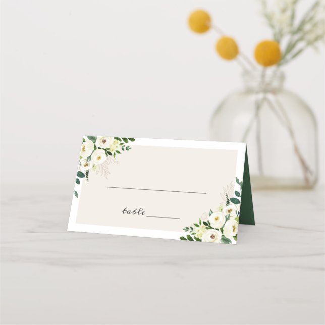 Watercolor Greenery White Bloom Floral Wedding Place Card (Front)