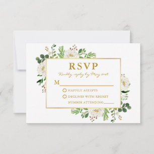 Watercolor Greenery White Floral Wedding Gold RSVP Card
