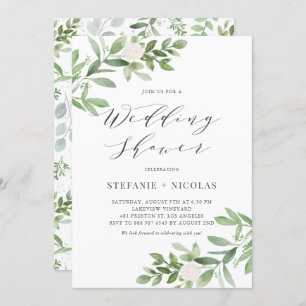 Watercolor Greenery White Floral Wedding Shower Invitation