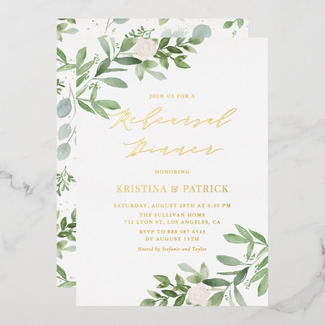 Watercolor Greenery White Flower Rehearsal Dinner (Front/Back)
