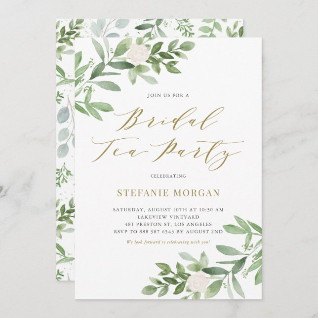 Watercolor Greenery White Flowers Bridal Tea Party Invitation (Front/Back)
