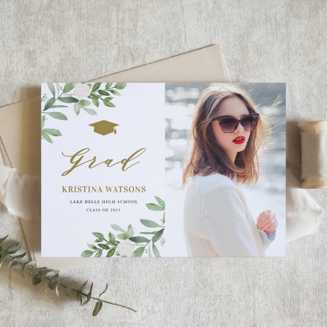Watercolor Greenery White Flowers Graduation Announcement (Personalized photo graduation announcement featuring watercolor greenery and white flowers.)