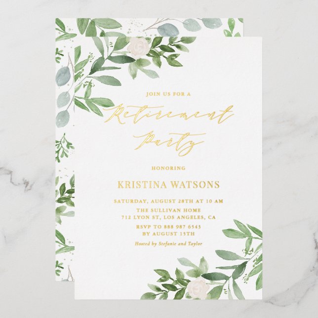 Watercolor Greenery White Flowers Retirement Party (Front/Back)