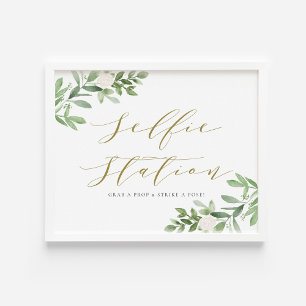 Watercolor Greenery White Flowers Selfie Station Poster