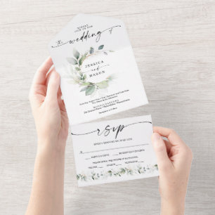 Watercolor Greenery with Gold All In One Wedding A Invitation
