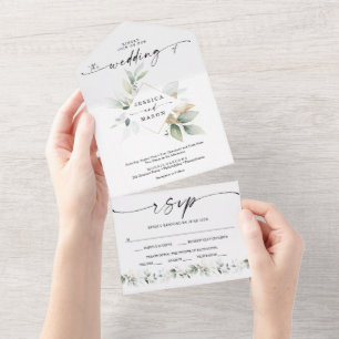 Watercolor Greenery with Gold All In One Wedding Invitation