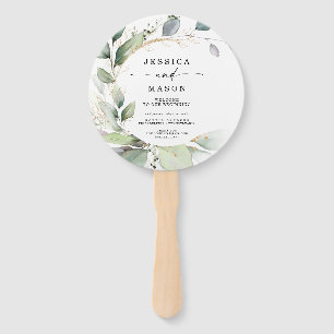 Watercolor Greenery with Gold Circle Wedding Hand Fan