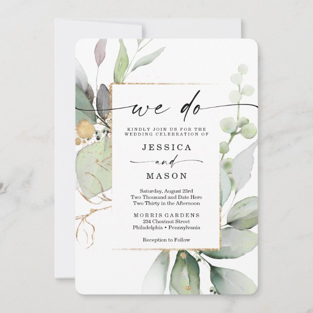 Watercolor Greenery with Gold We Do Wedding Invitation (Front)