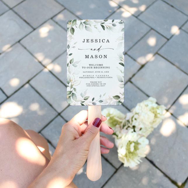 Watercolor Greenery with Gold Wedding Hand Fan (Creator Uploaded)