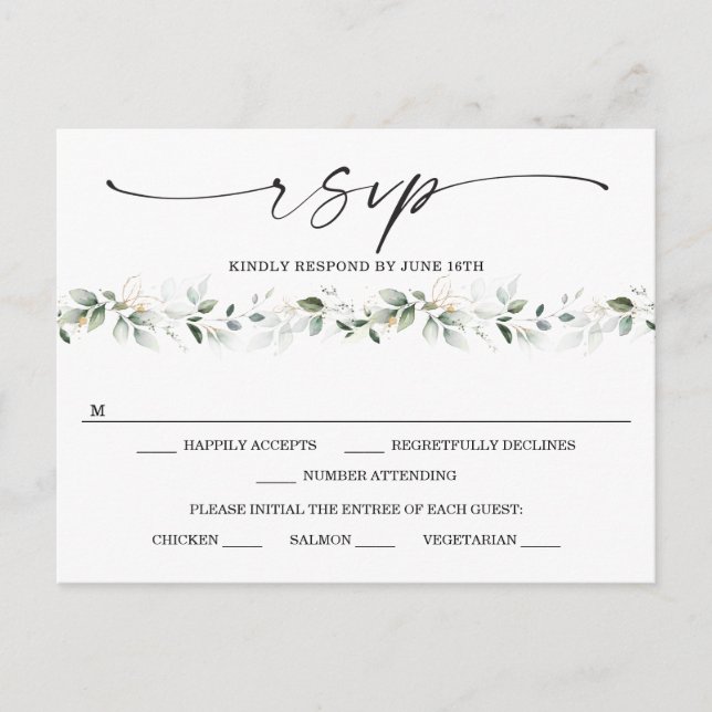 Watercolor Greenery with Gold Wedding RSVP Postcard (Front)