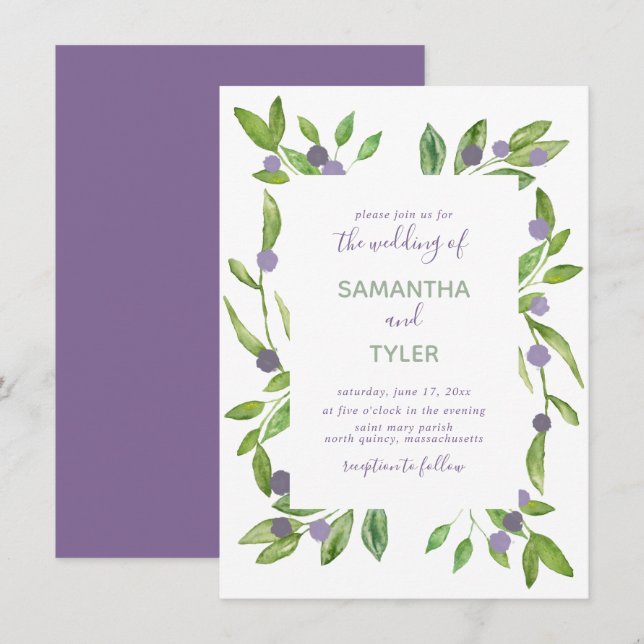 Watercolor Greenery with Purple Accents Wedding Invitation (Front/Back)