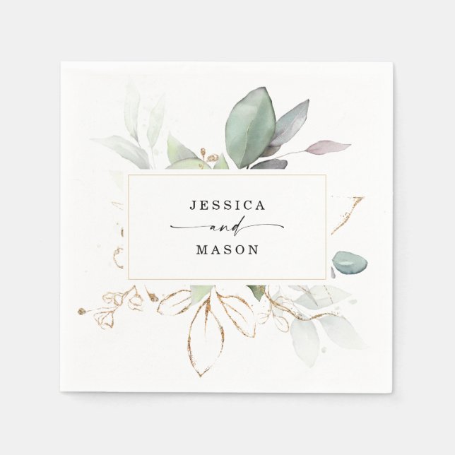 Watercolor Greenery with Sage and Gold Wedding Napkin (Front)