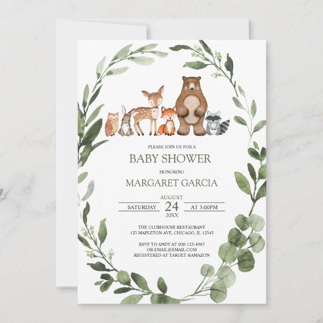 Watercolor Greenery Woodland Animals Baby Shower I Invitation (Front)