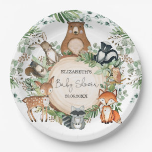 Watercolor Greenery Woodland Animals Baby Shower Paper Plate