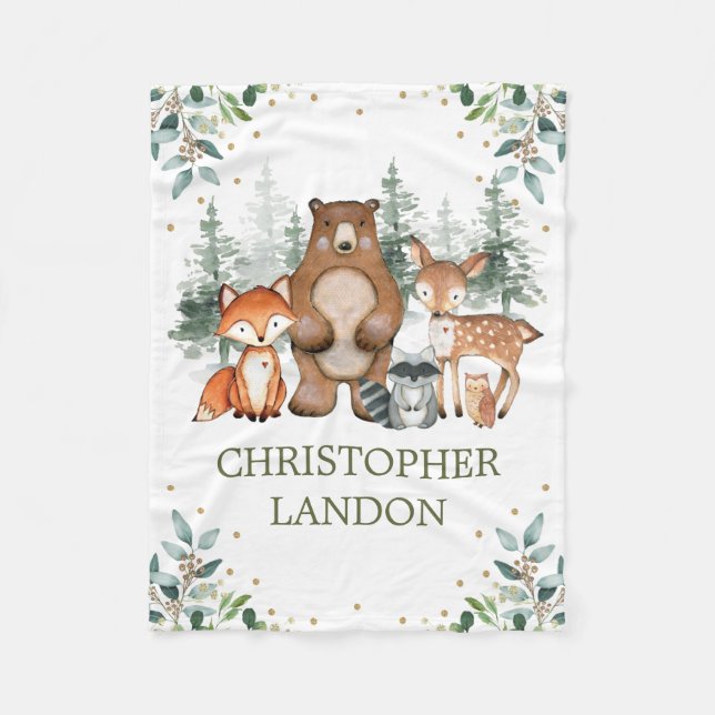 Watercolor Greenery Woodland Forest Boy Nursery Fleece Blanket (Front)