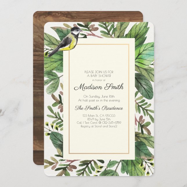 Watercolor Greenery Woodsy Bird Baby Shower Invitation (Front/Back)