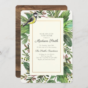 Watercolor Greenery Woodsy Bird Baby Shower Invitation