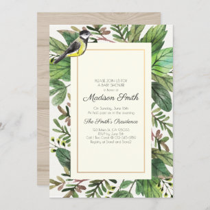 Watercolor Greenery Woodsy Bird Baby Shower Invitation