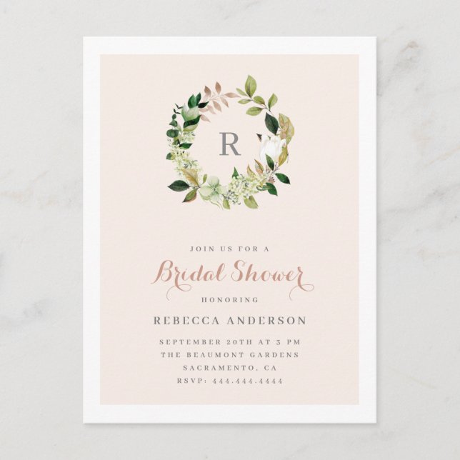 Watercolor Greenery Wreath Blush Bridal Shower Invitation Postcard (Front)