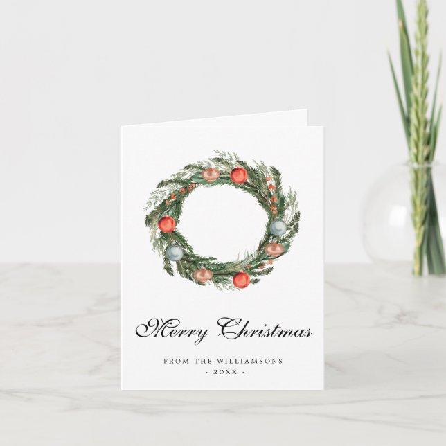 Watercolor Greenery Wreath Christmas Card (Front)