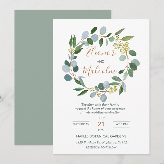 Watercolor greenery wreath, eucalyptus Wedding Invitation (Front/Back)